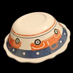 Vintage Melamine Kids Bowls Set of 4 Cars Stars Denim Blue Orange Scalloped Edge